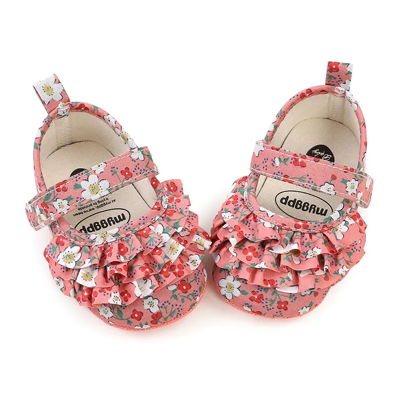 Baby Allover Floral Print Ruffle Velcro Prewalker Shoes Pink big image 1