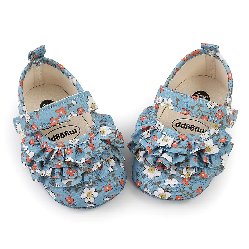 Baby Allover Floral Print Ruffle Velcro Prewalker Shoes Blue