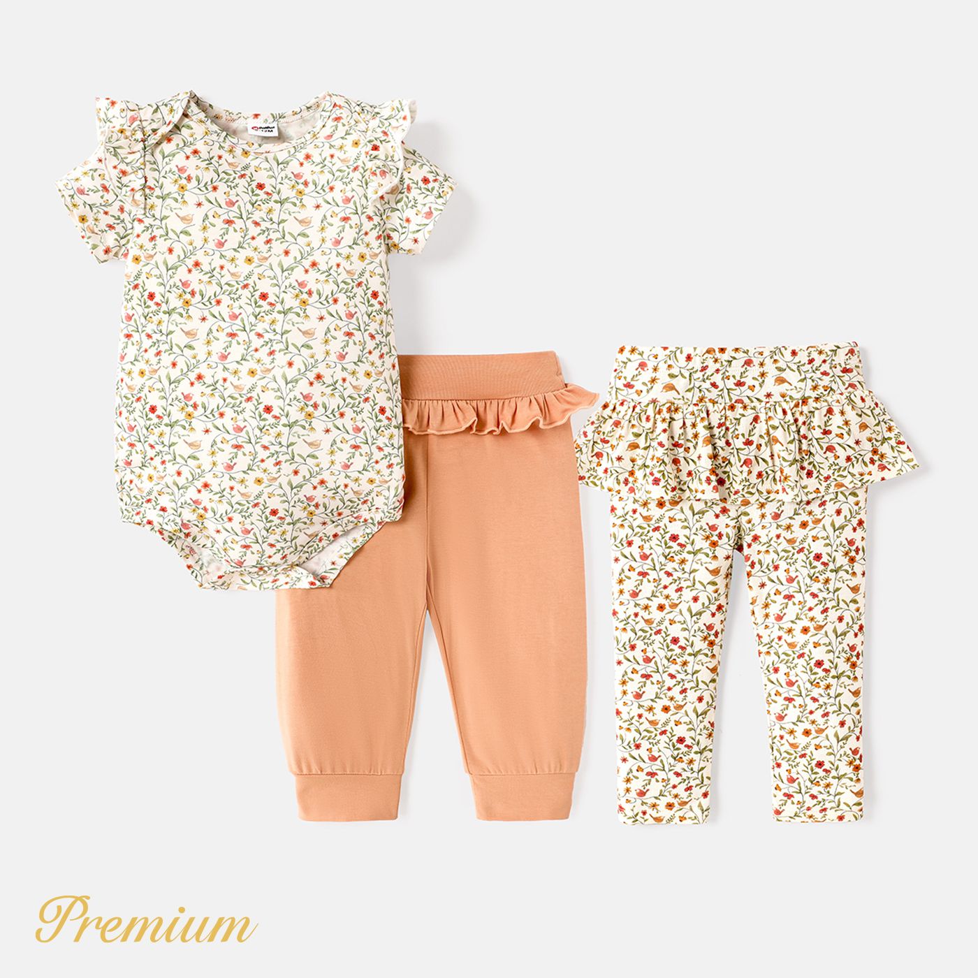 

Baby Girl Floral Print Ruffle Trim Leggings or Short-sleeve Naia Romper & Pants Set