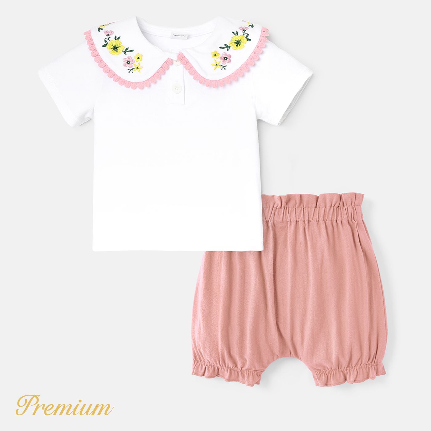 

Baby Girl Cotton Floral Embroidered Collar Short-sleeve Tee or Solid Shorts