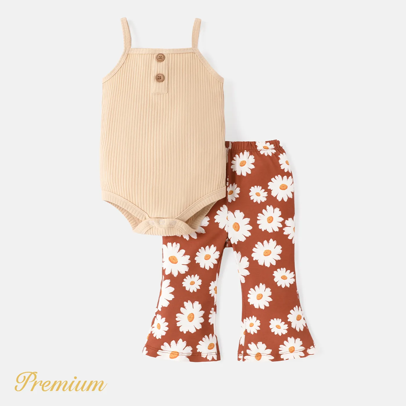 

2pcs Baby Girl Solid Ribbed Cami Romper and Allover Daisy Floral Print Naia™ Flared Pants Set