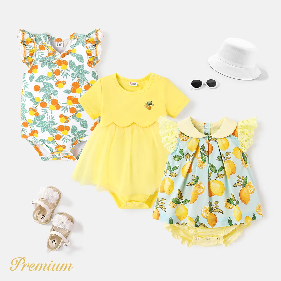 <Lemon Tree Love> Baby Girl Cotton Short-sleeve Lemon Print Romper Yellow big image 1