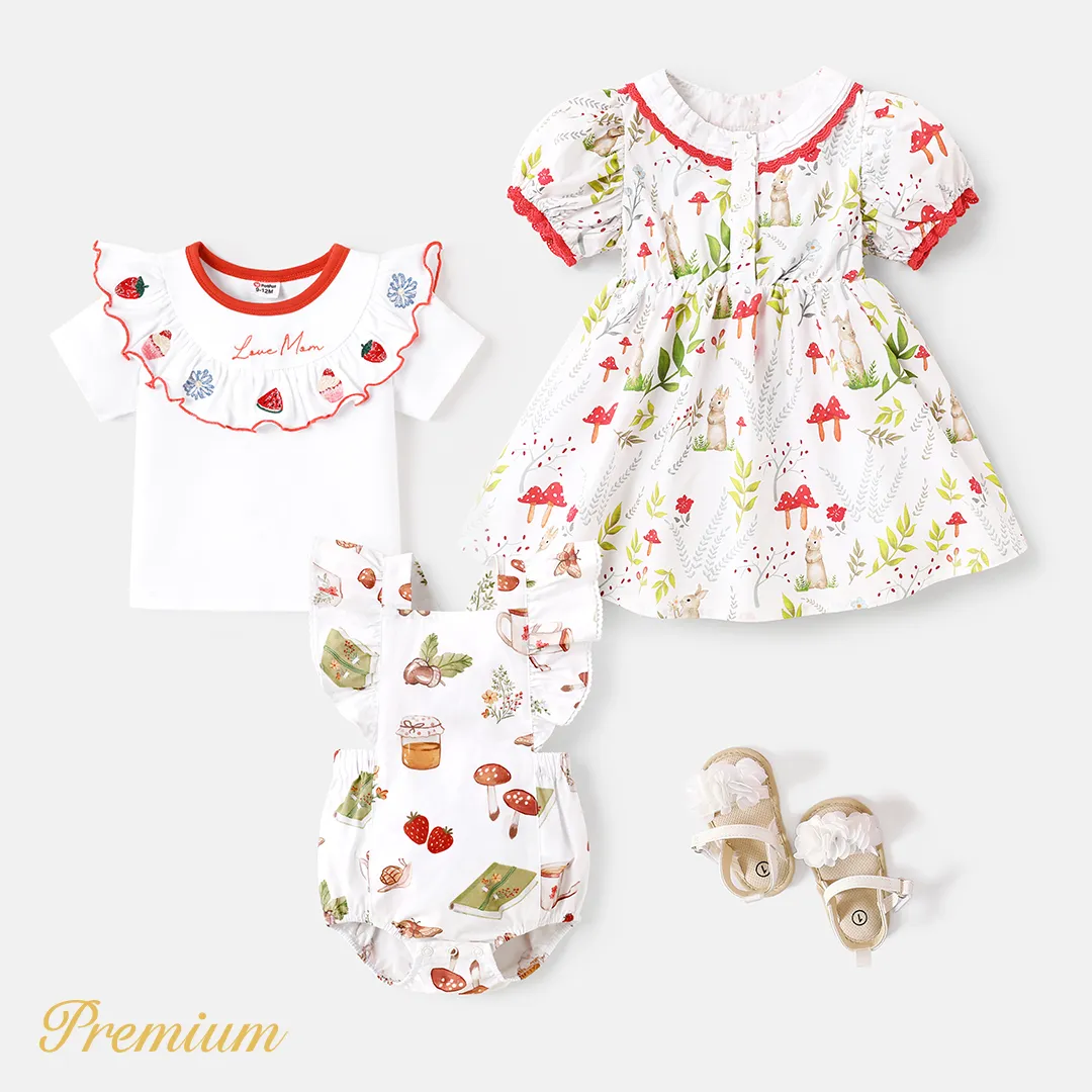 Baby Girl 100% Cotton Allover Print Ruffled Overall Romper White image 6