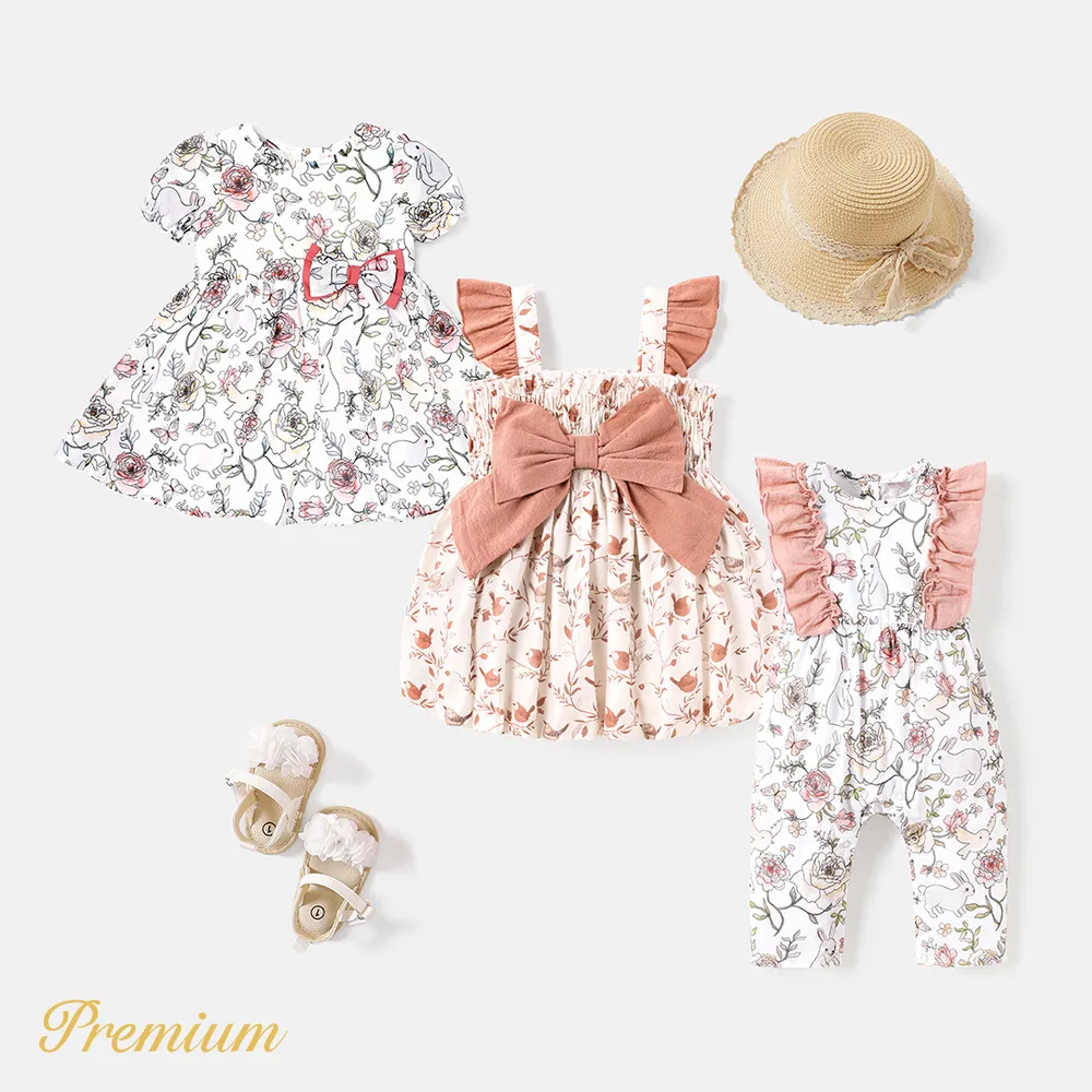 Baby Girl 100% Cotton Contrast Ruffle Trim Bow Front Allover Print Dress big image 13
