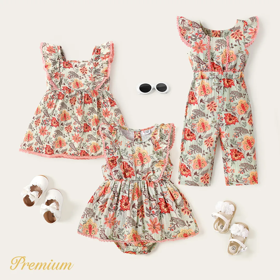 Baby Girl 100% Cotton Crepe Floral Print Lace Detail Flutter-sleeve Jumpsuit  image 6