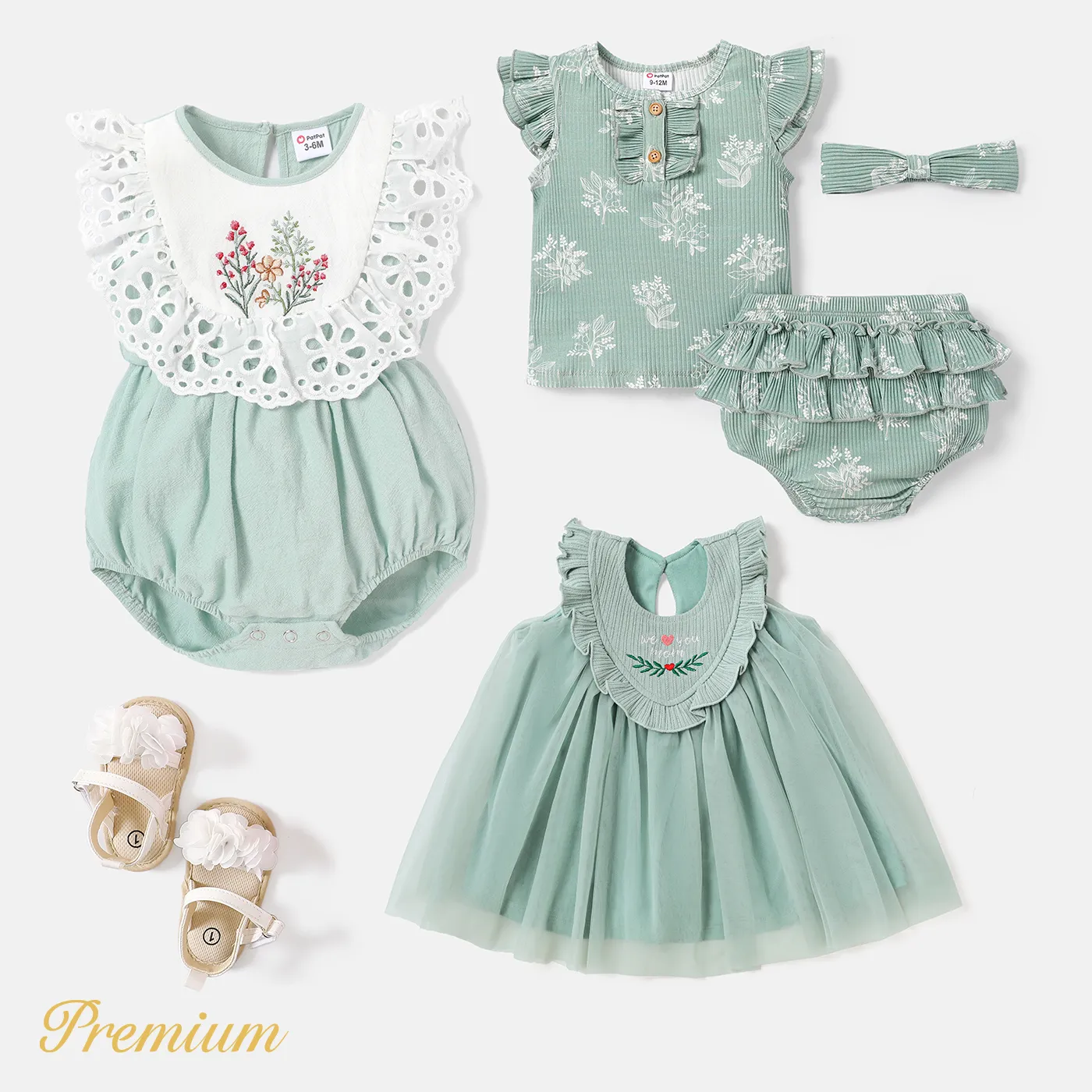 <Green Vines> Baby Girl Cotton Green Ribbed Ruffled Sleeveless Series Light Green image 6