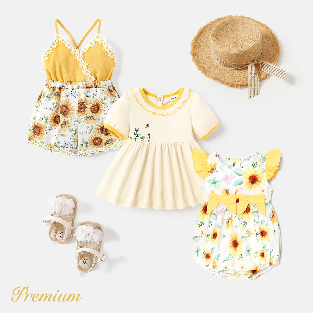 Baby Girl Floral Applique Design Sunflower Print & Solid Spliced Cami Romper big image 7