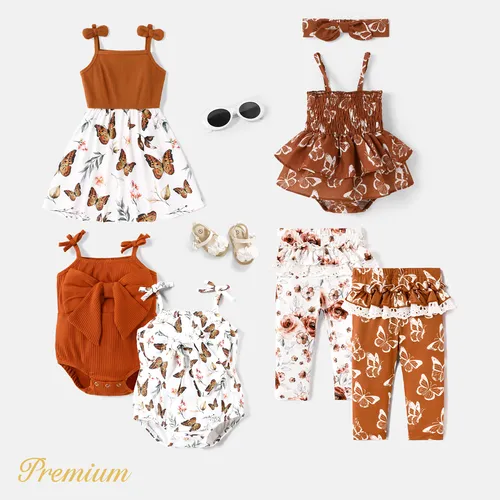 Baby Girl Solid Cotton Ribbed or Allover Butterfly Print Romper/ Dress/ Jumpsuit or Leggings