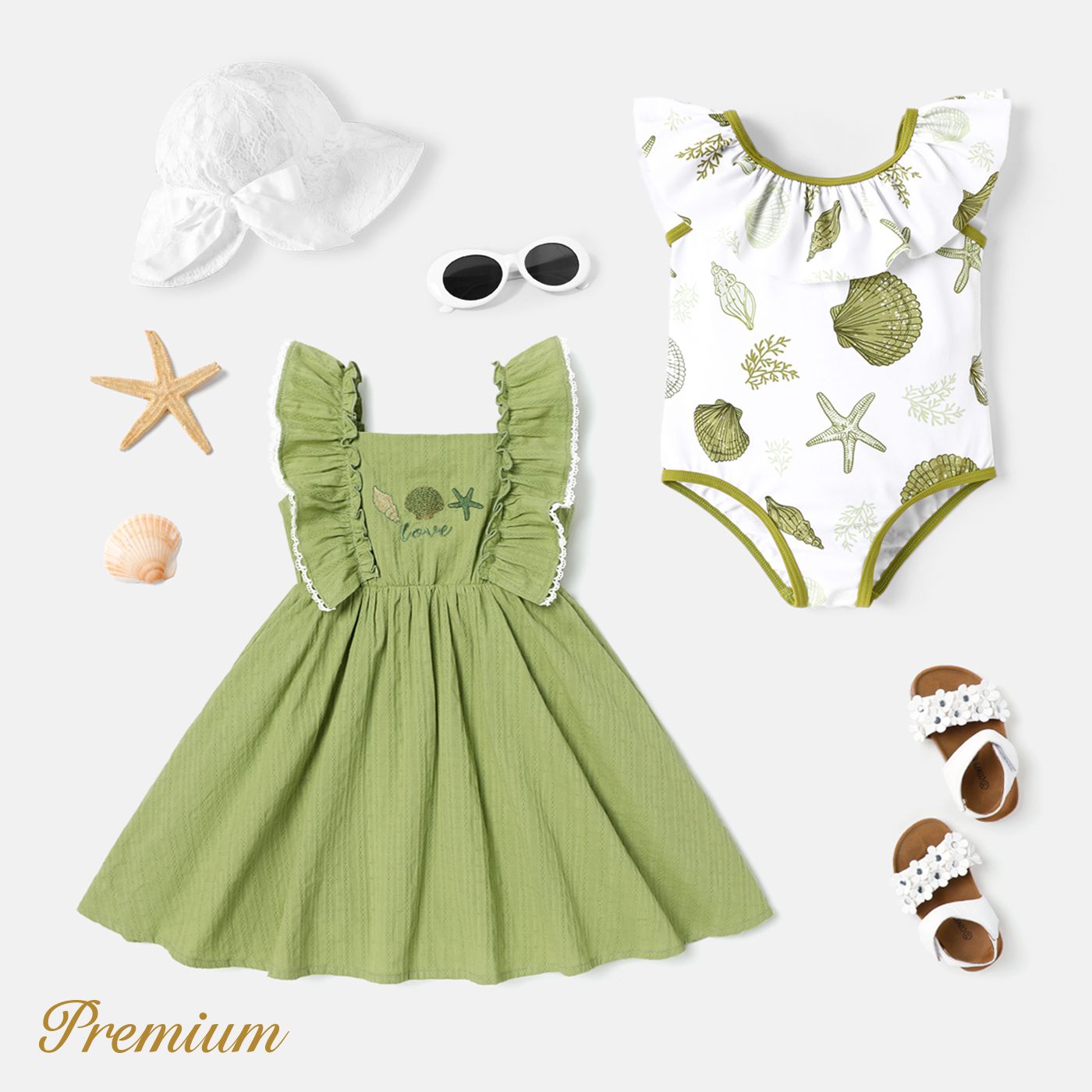 

<Emerald Seashells> 100% Cotton Ruffled Sleeveless Dress / One Piece Swimsuit
