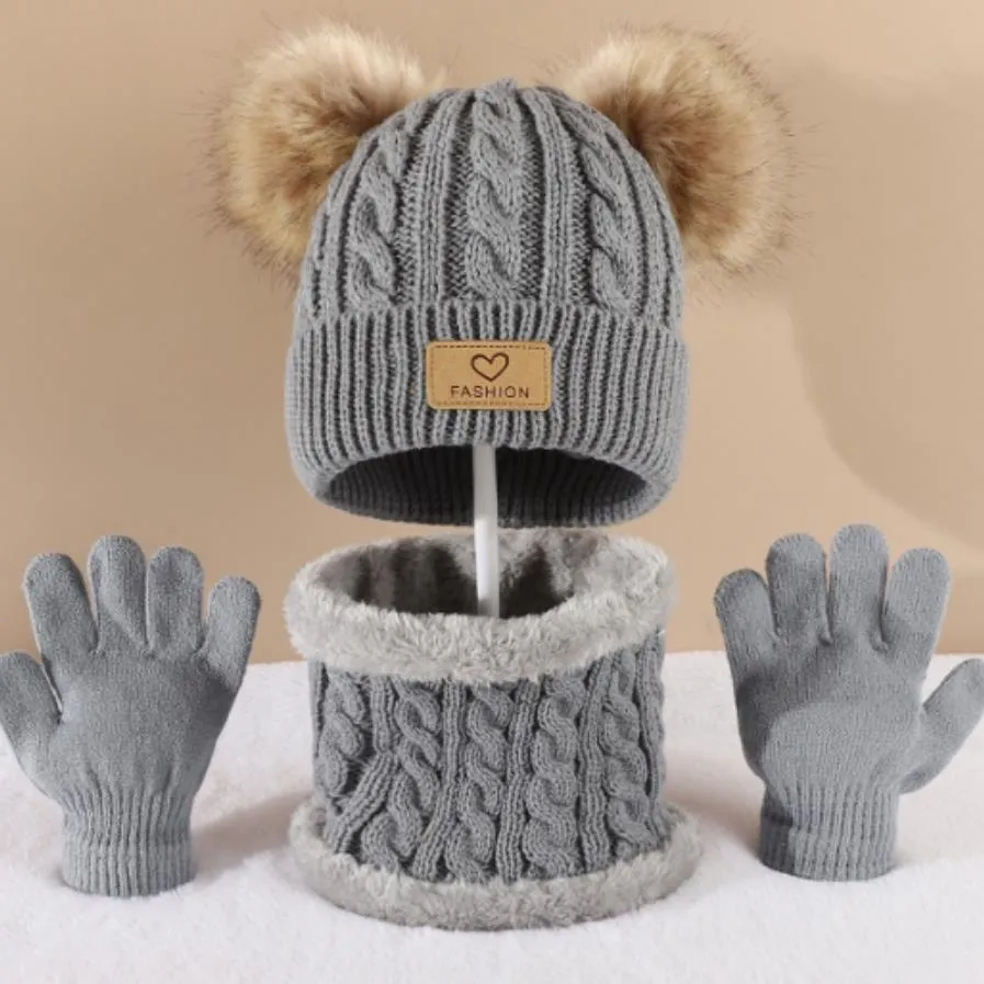 Three essential sets for children to keep warm in winter, hat + scarf + gloves Grey A big image 1