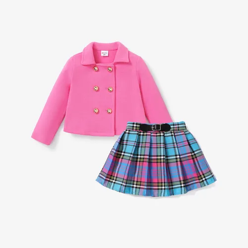 Toddler Girl Avant-garde Solid Color Coat and Grid Dress Set