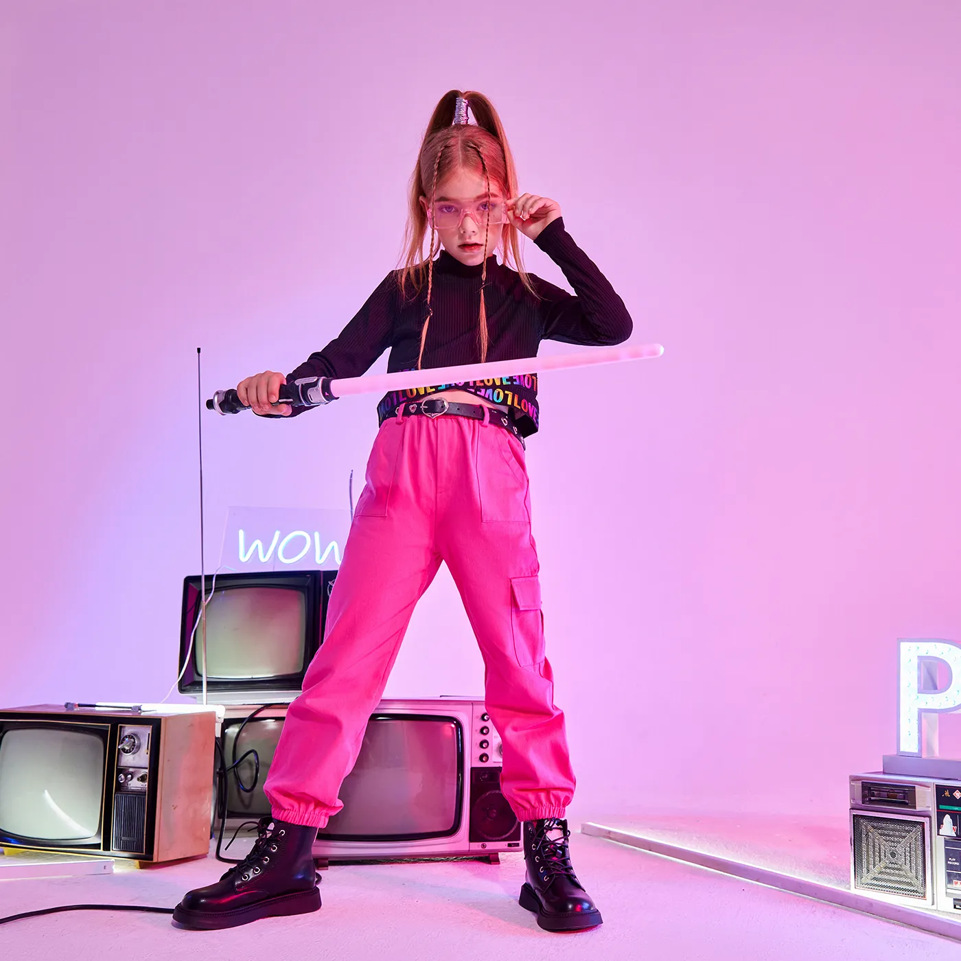 Kid Girl Braid Design Avant-garde T-shirt /Solid Color Belt Braid Pants  image 2