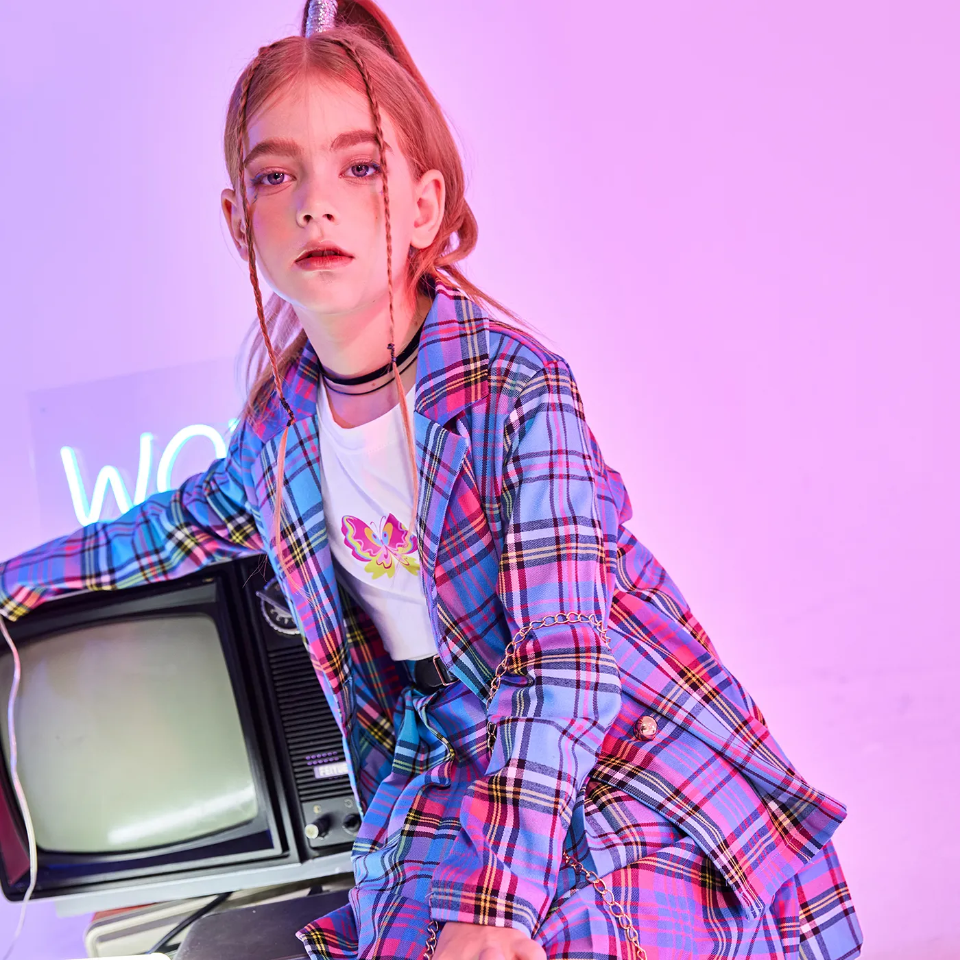 Kid Girl Sweet Butterfly T-shirt / Double-Breasted Houndstooth Jacket/ Avant-garde Grid/Houndstooth Skirt   image 3