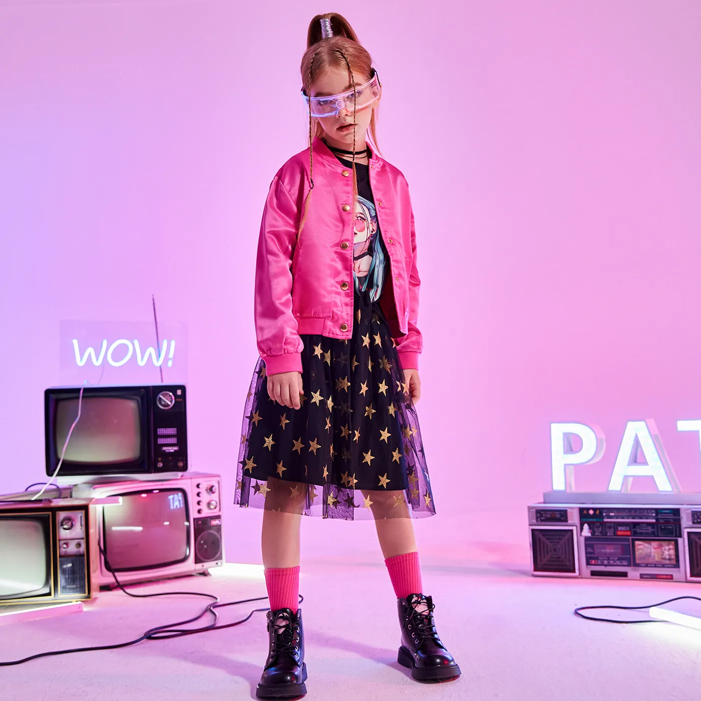 Kid Girl Character Bandage Top and Stars/Moon/Clouds Pattern Multi-layered Skirt /