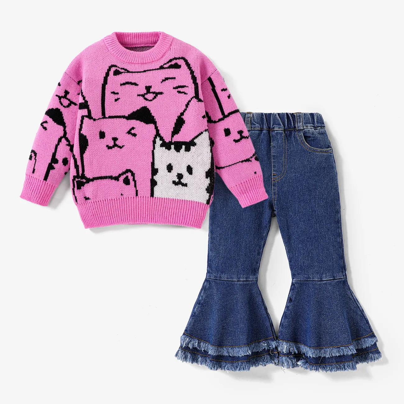 Toddler Girl Childlike Cute Cat  Sweater/Sweet Ruffle Edge Denim Jeans Hot Pink big image 1