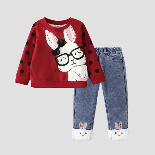 Toddler Girl Rabbit Print Polka Dots Pullover Felpa / Rabbit Patch Thick Denim Jeans