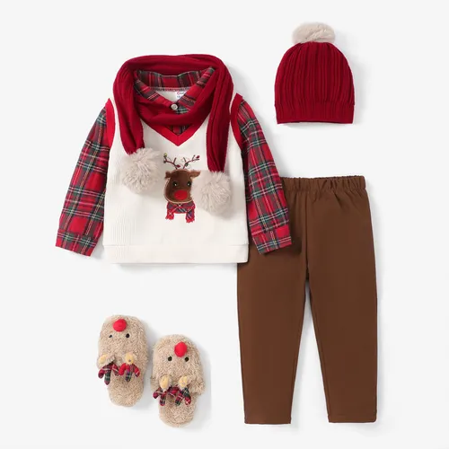 Baby Boy Christmas Faux Layered Plaid and Deer Pattern Set/Hat&Scarf/Shoes