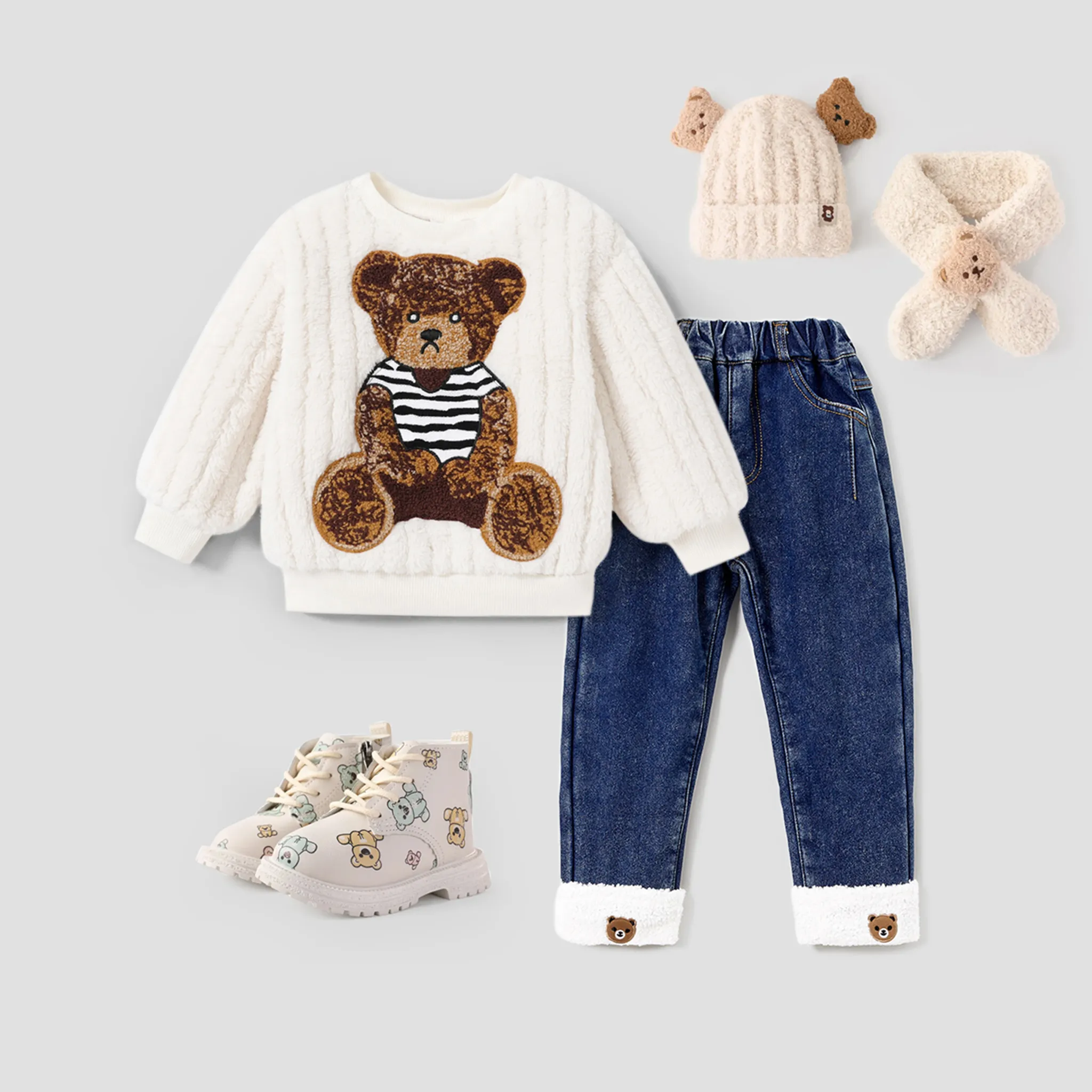 Toddler Boy/Girl Bear print Fleece Sweatshirt/Jeans/Zipper Boots/warm hat and scarf set