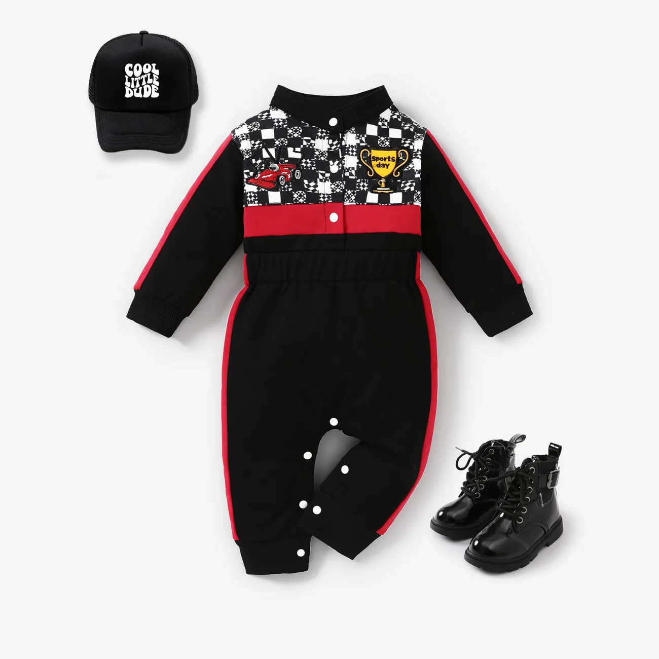 Baby Boy/Girl Bold Color-blocking Sporty Grid/Houndstooth Jumpsuit  Black big image 1