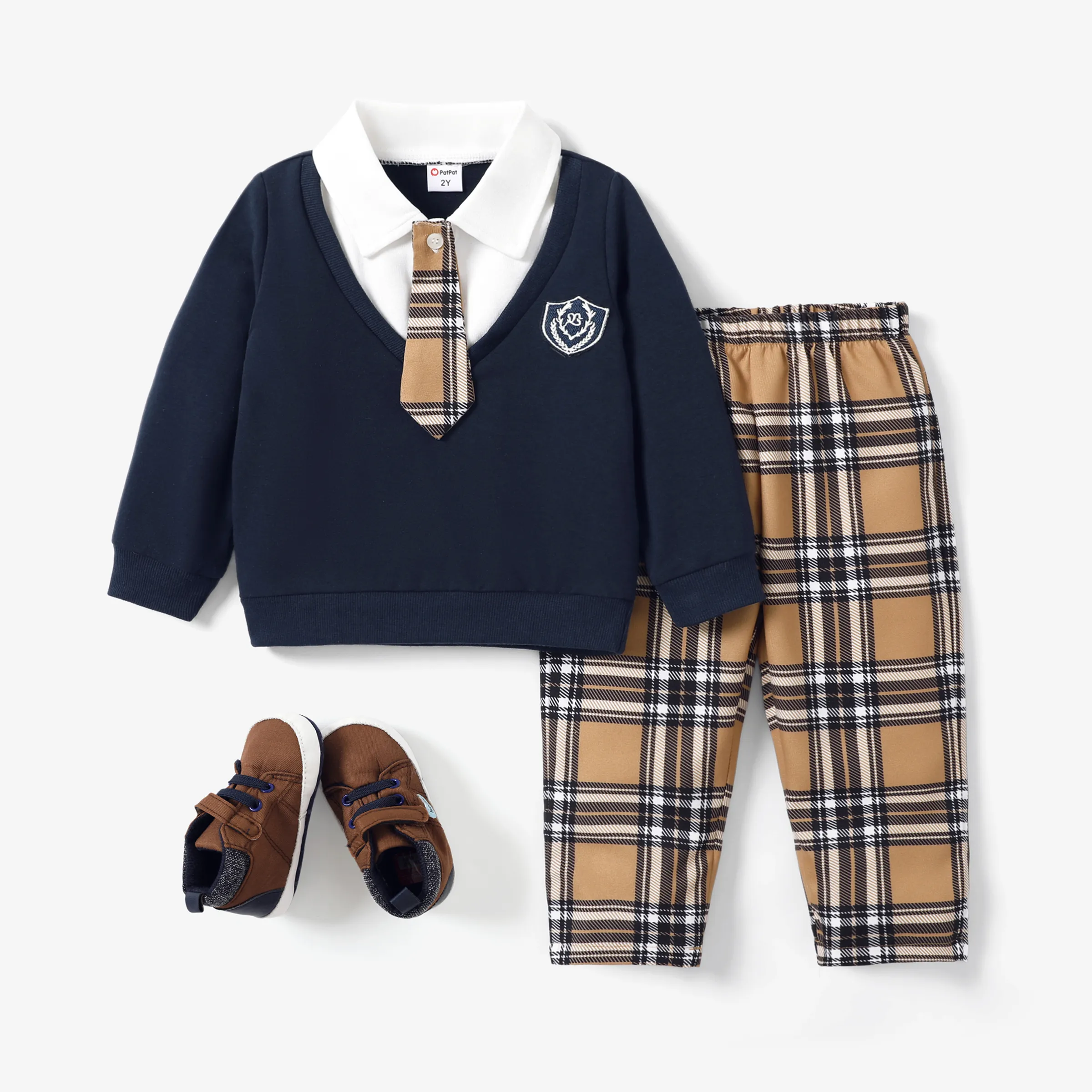 Toddler Boy Uniform Style Grid/Lapel 2pcs Set Or 1 Pair Of Shoes