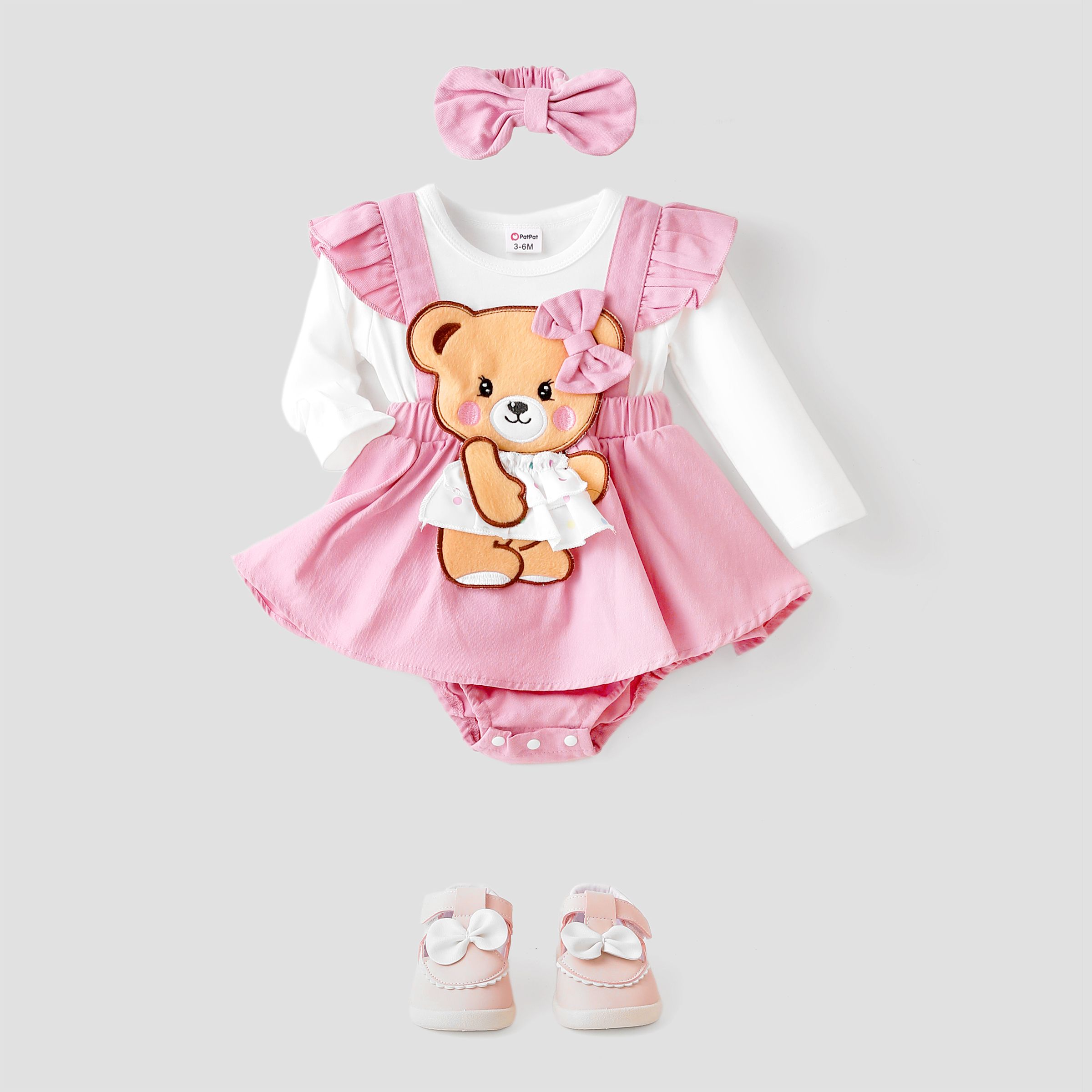 Baby Girl 2pcs 100% Cotton Bear Embroidered Faux-two Romper And Headband Set/ Shoes