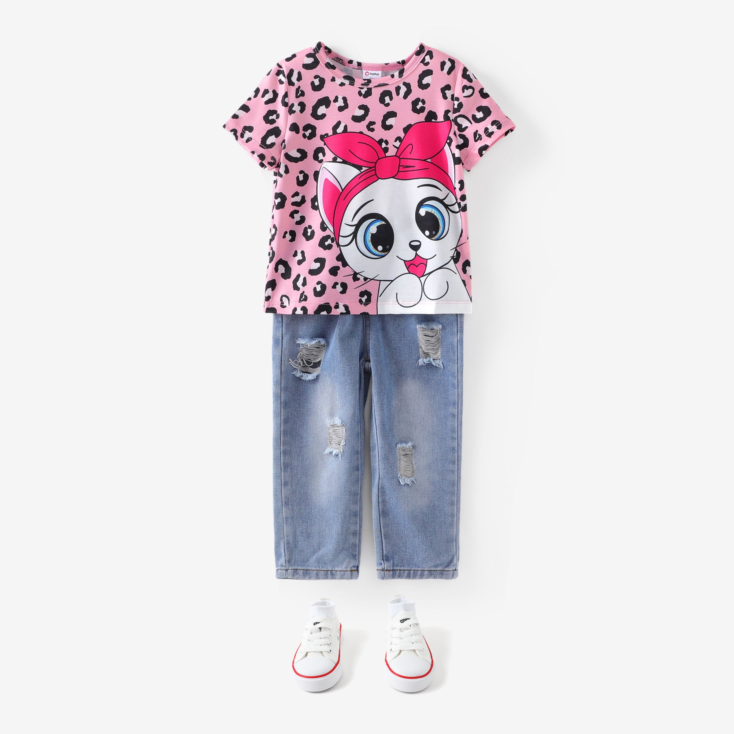

Toddler Girl 2pcs Leopard Rabbit Print Tee and Denim Jeans Set/ 5 Pairs of Socks/ Canvas Shoes