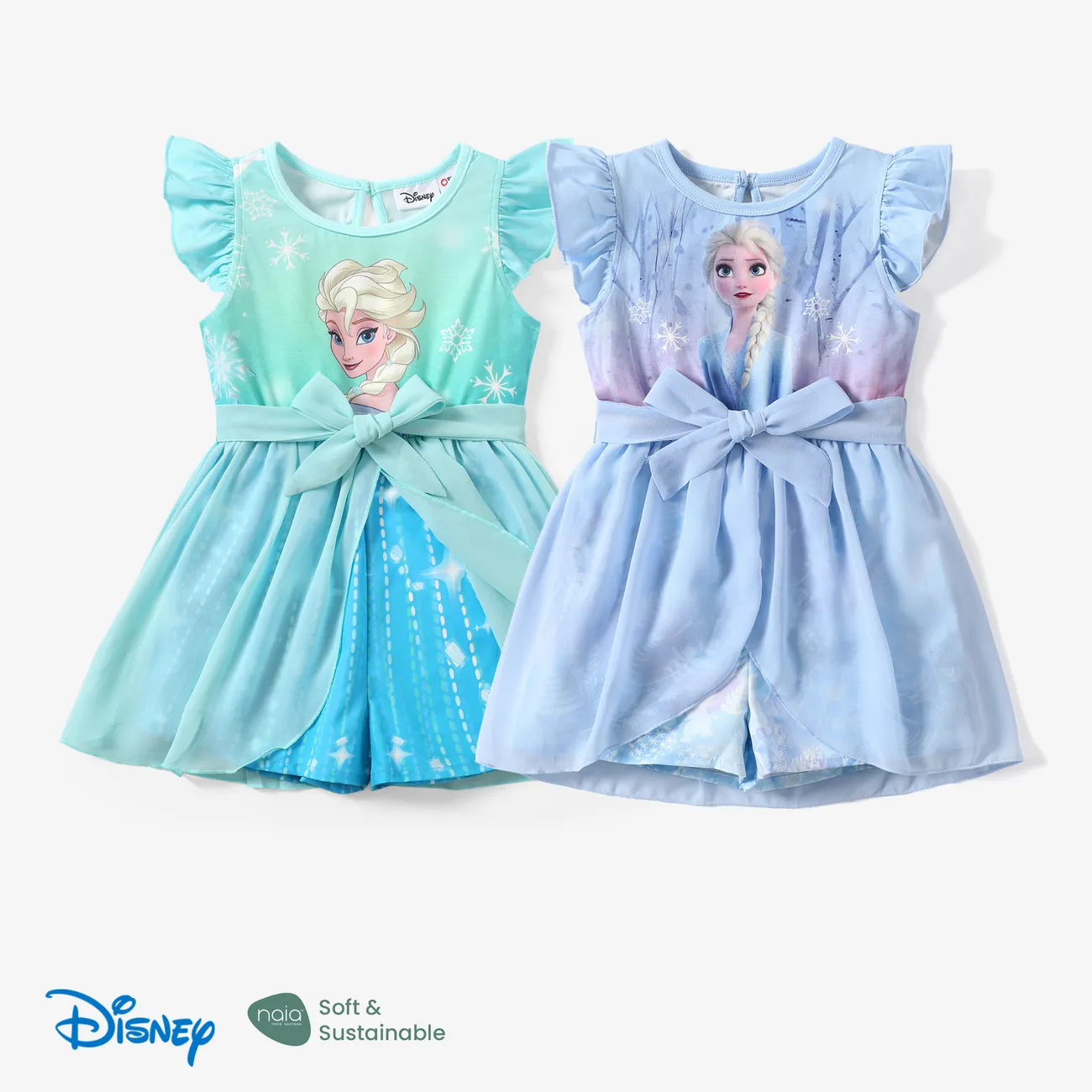 Disney Frozen Toddler Girls Elsa 1pc Naia™ Personaje Estampado Pajarita Cintura Mangas con volantes Mameluco Azul big image 1