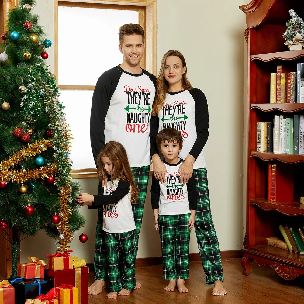 Christmas Letter Contrast Top and Plaid Pants Family Matching Pajamas Sets (Flame Resistant) big image 2