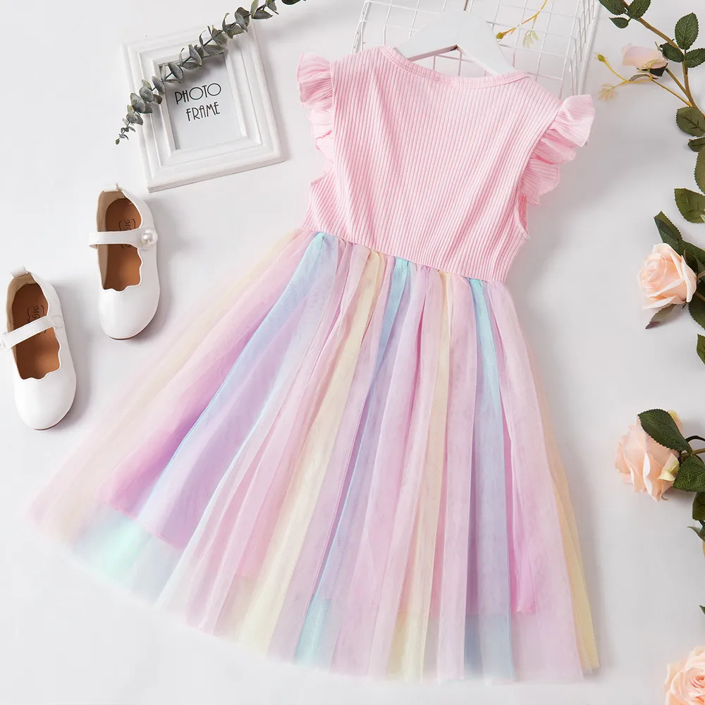 bellissimo vestito da festa in maglia arcobaleno a forma di cuore con maniche a mosca principessa da bambina big image 8