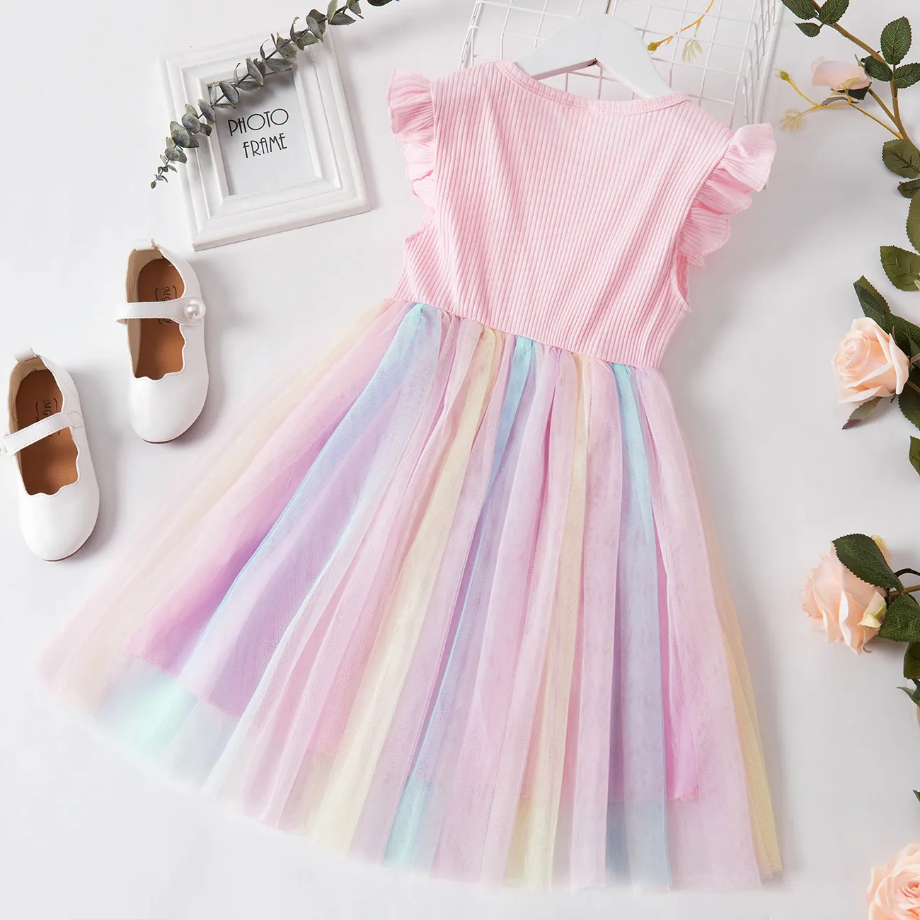漂亮的孩子女孩公主飛袖心形彩虹網紗派對禮服 粉色 big image 1