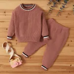 2pcs Solid Stripe Decor Knitted Long-sleeve Baby Set Apricot