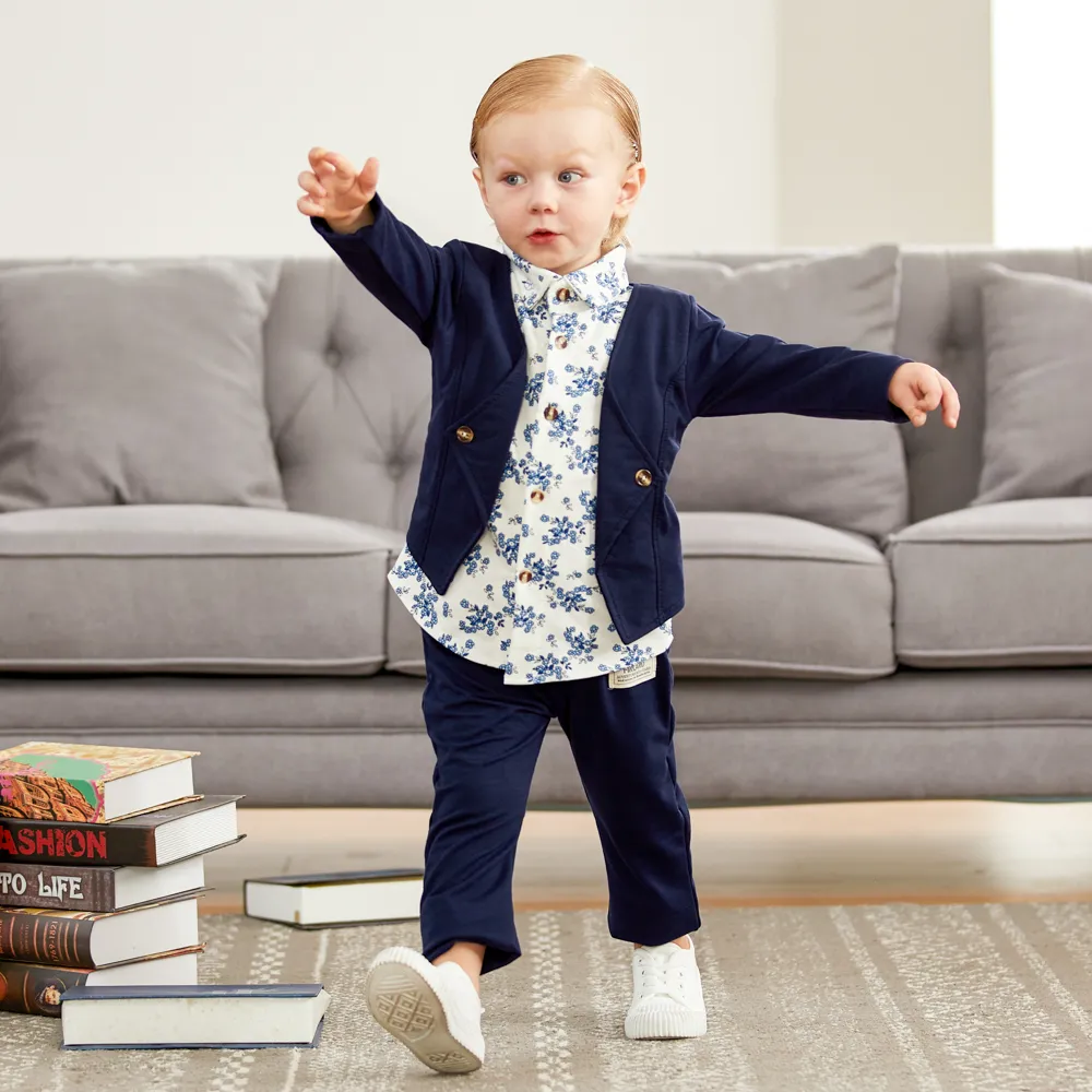 2pcs Baby Boy 95% Cotton Long-sleeve Faux-two Floral Print Top and Pants Set  image 5
