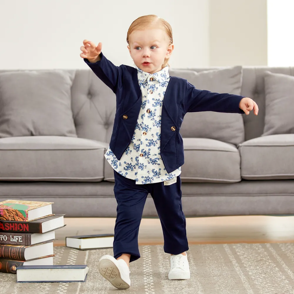 2pcs Baby Boy 95% Cotton Long-sleeve Faux-two Floral Print Top and Pants Set Royal Blue big image 1