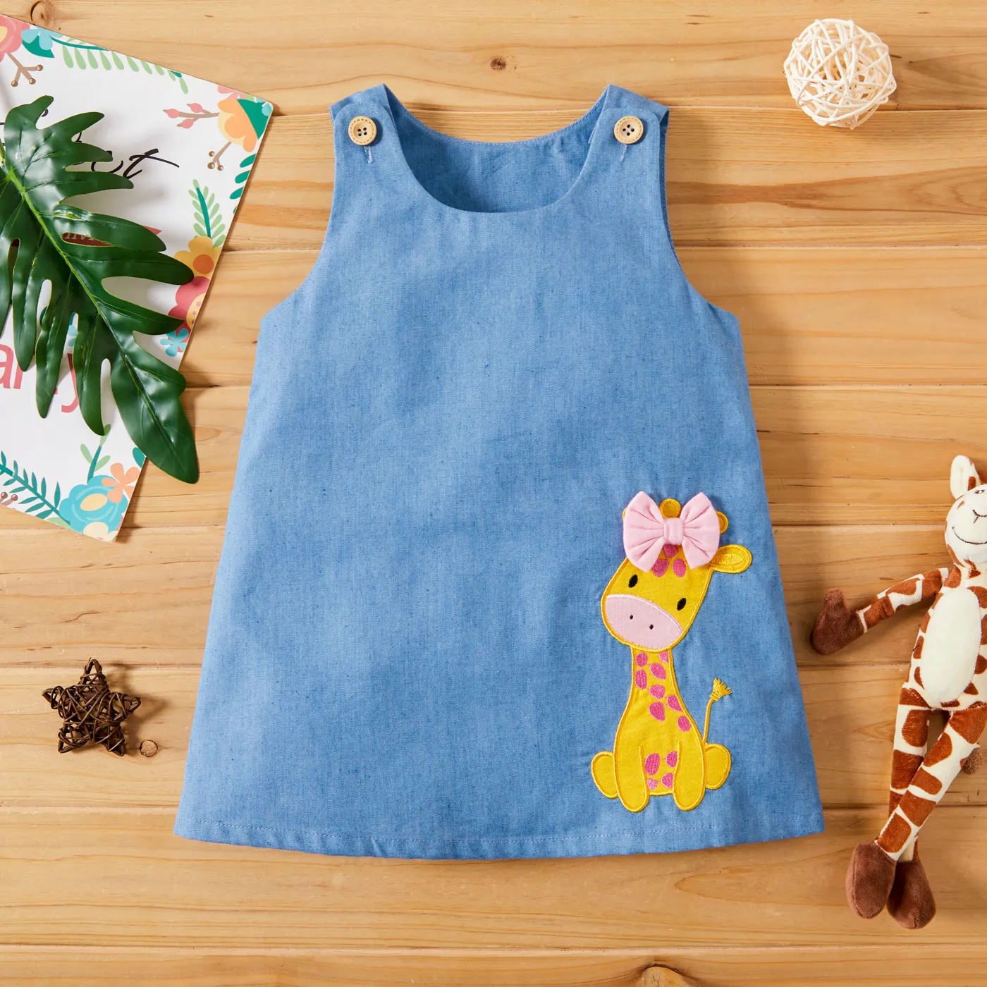 Baby Girl Giraffe Bowknot Solid Blue Denim Tank Dress Blue