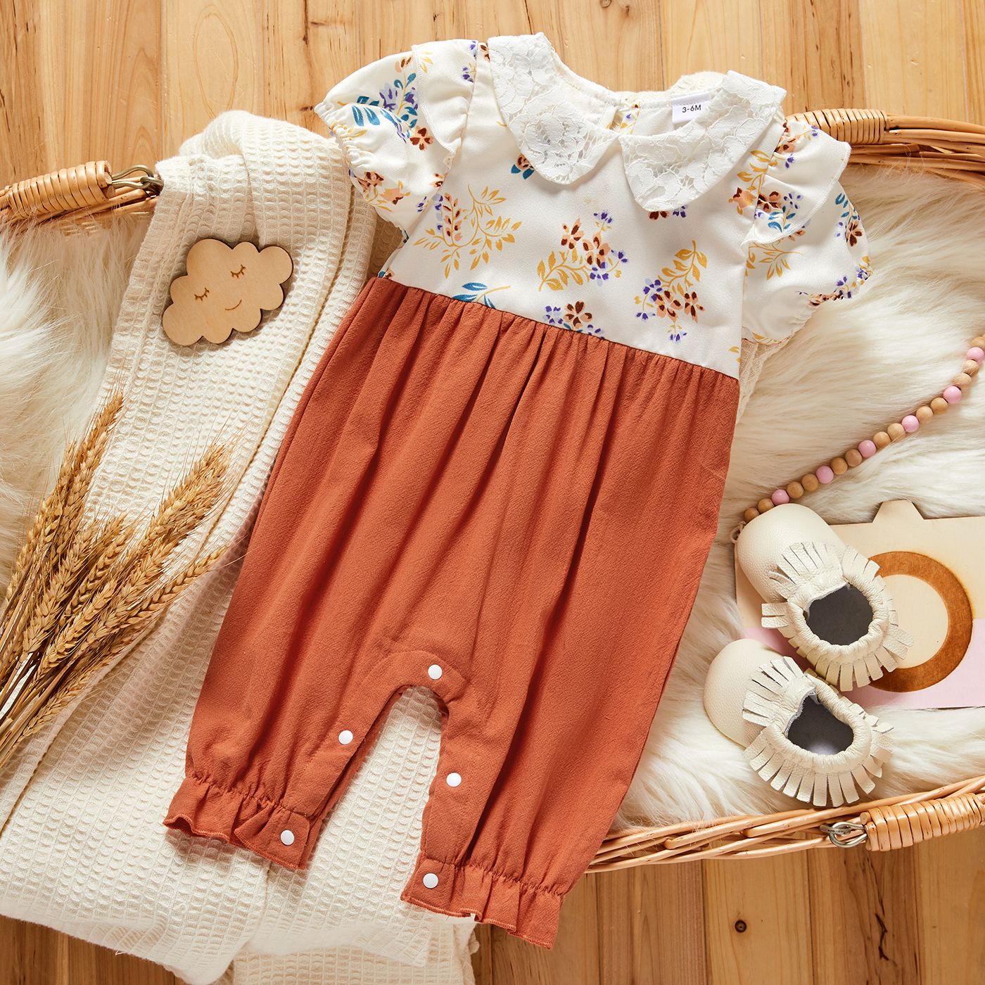 Floral White and Solid Brown Short-sleeve Baby Jumpsuit