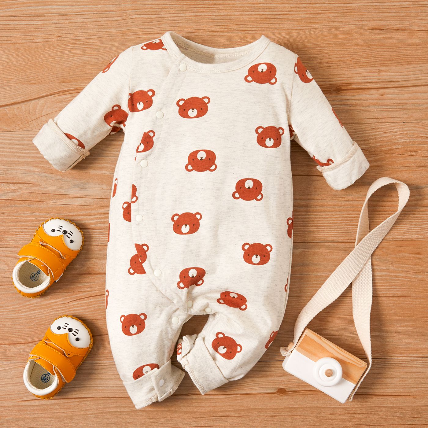 100% Cotton Bear Allover Long-sleeve Baby Jumpsuit