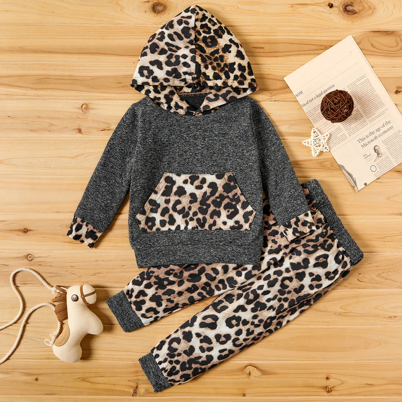 2-piece Baby / Toddler Girl Leopard Pattern Hoodie and Colorblock Pants Set Dark Grey big image 1
