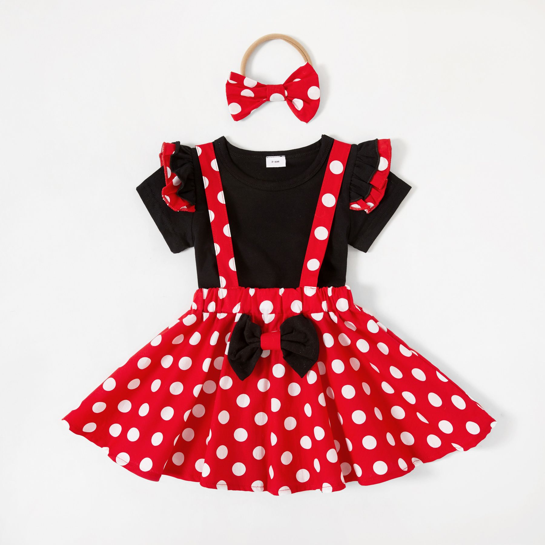3pcs Baby Girl 95% Cotton Ruffle Short-sleeve Top and Polka Dots Bowknot Suspender Skirt with Headba
