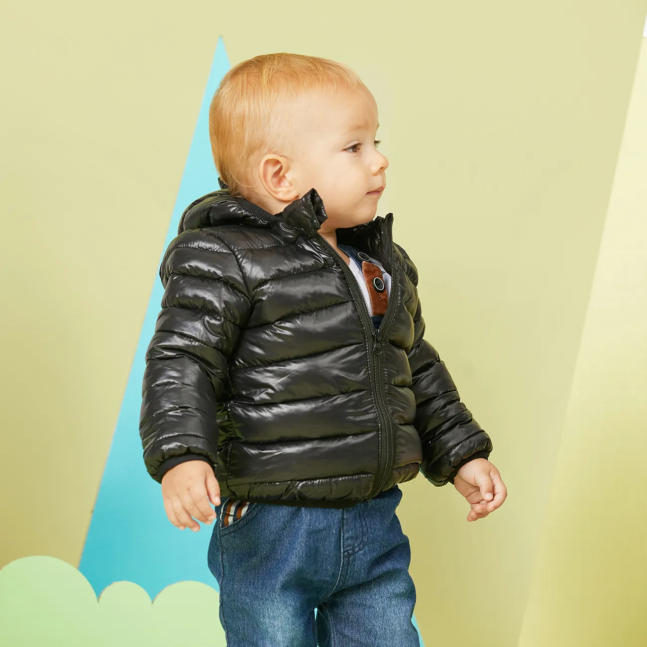 الصلبة مقنعين تصميم الأذن 3D الطفل طويلة الأكمام سترة معطف أسود big image 1