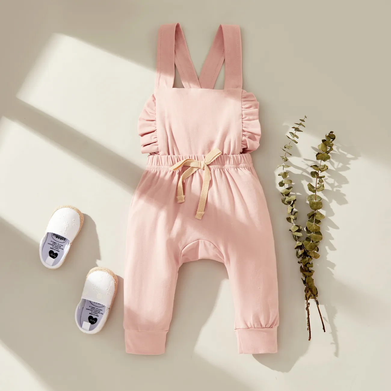 Stripe Print Ruffle Decor Sleeveless Baby Jumpsuit Pink big image 1