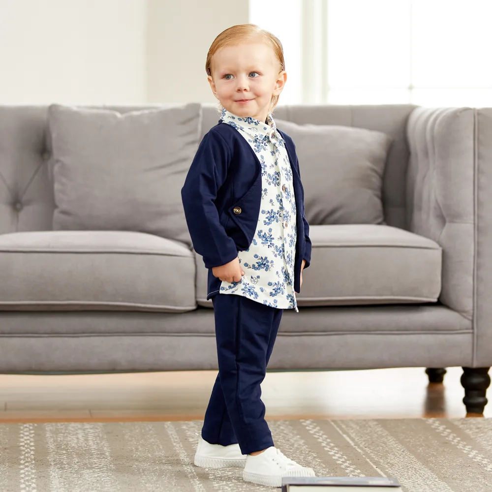 2pcs Baby Boy 95% Cotton Long-sleeve Faux-two Floral Print Top and Pants Set Royal Blue big image 1