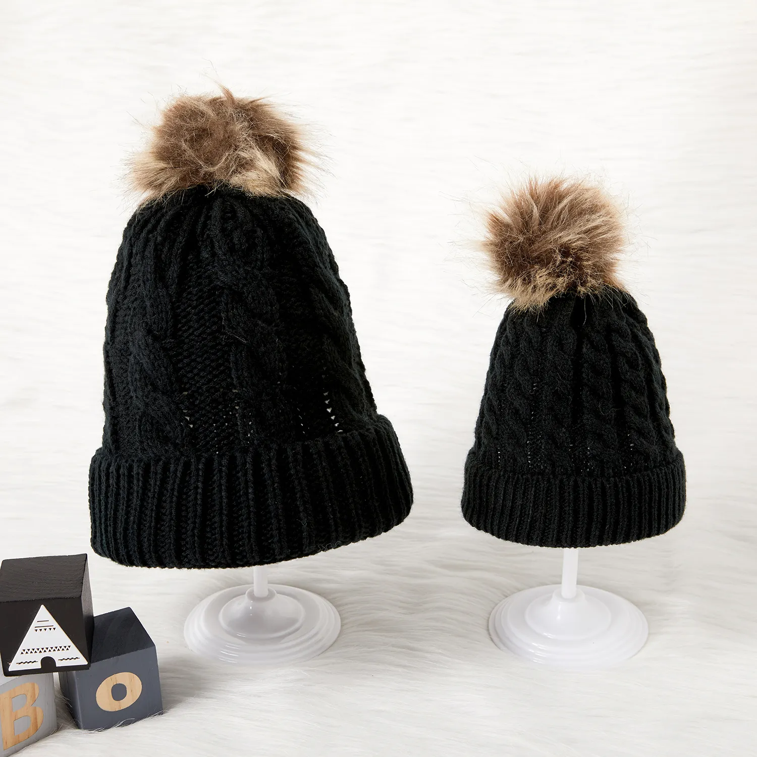 Autumn/Winter Multicolor Hairball Knit Beanie Hats Black