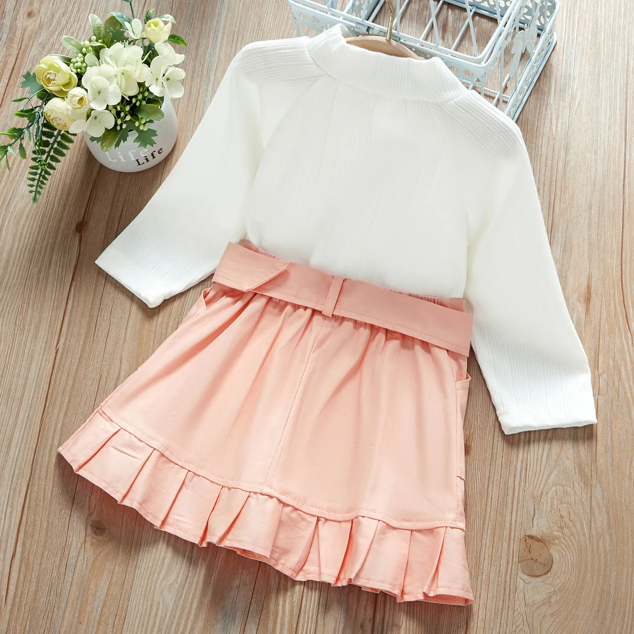 Baby / Toddler Girl Turtleneck Solid Knitted Buckle Ruffled Suit-dress Pink big image 1