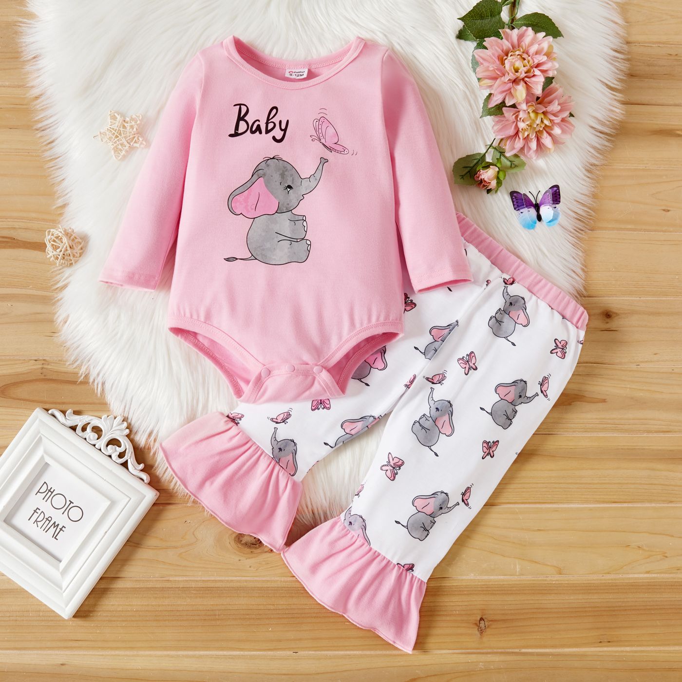 

2-piece Baby Girl Elephant Butterfly Letter Print Long-sleeve Bodysuit Romper and Mermaid Tail Pants Set