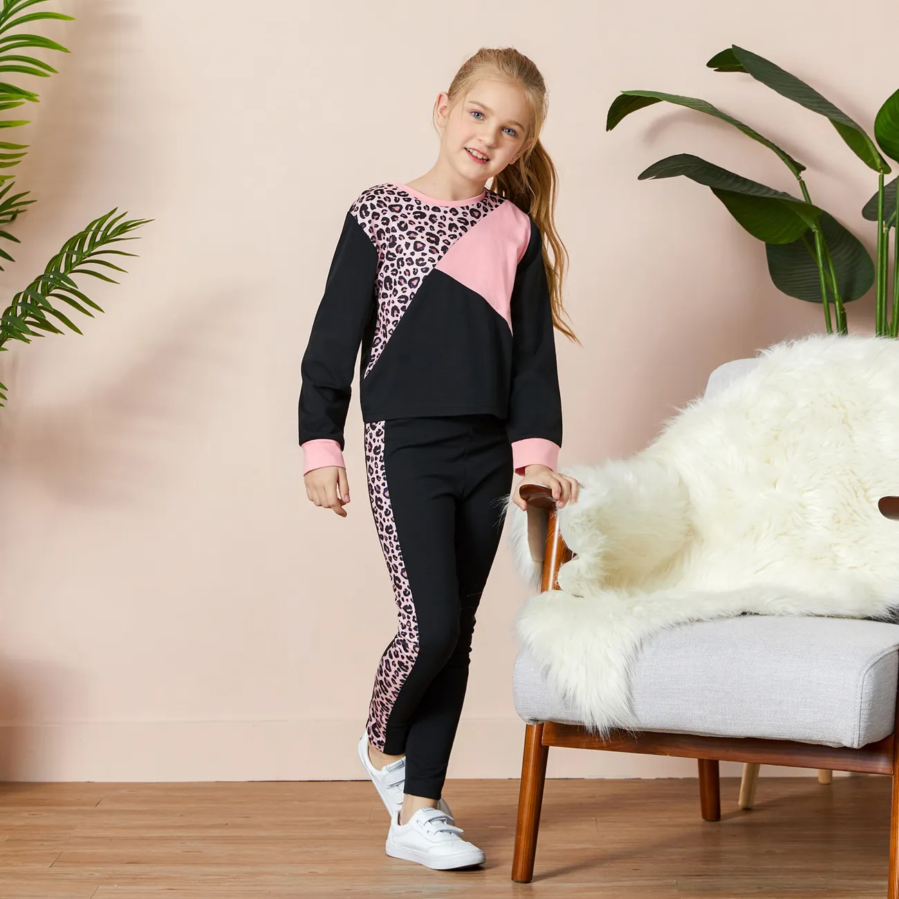 Fashinable Kid Girl Leopard & Color Block Set Black big image 1