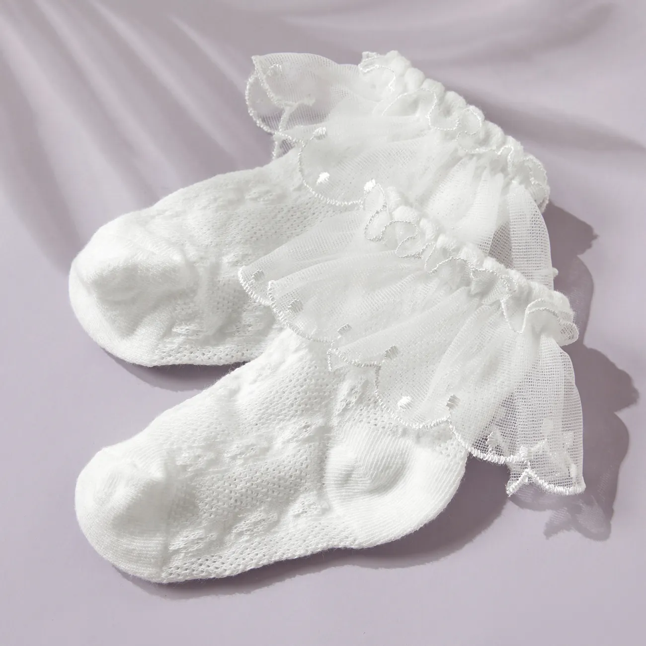chaussettes respirantes à volants en dentelle solide pour bébé / enfant en bas âge Blanc big image 1