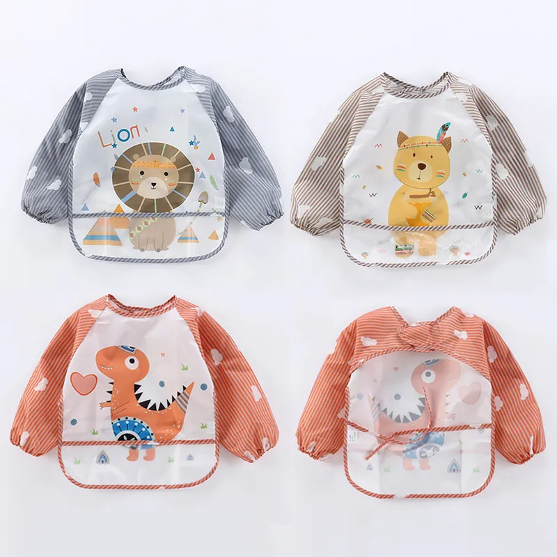 Baby Cartoon Animal Long Sleeve Bibs Waterproof Reversible Bandana Bibs Children Eating Drawing Apron Toddler Feeding Burp Cloth