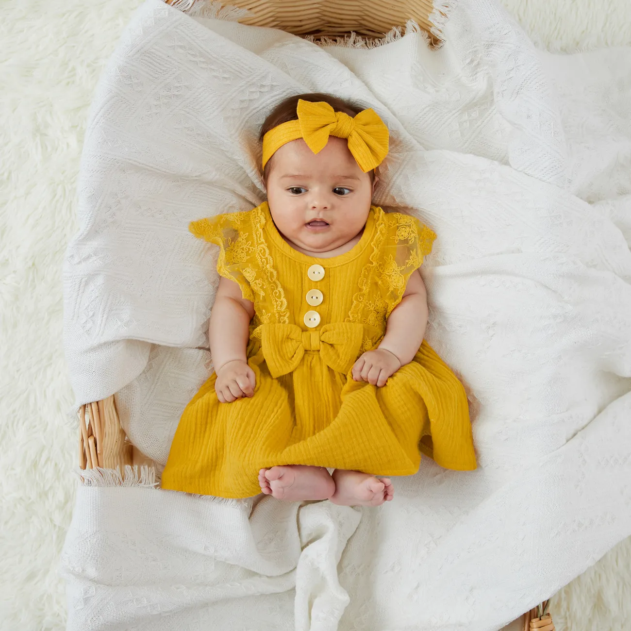 طفلة 95 ٪ قطن كريب بلا أكمام فستان زر BOWKNOT الأصفر big image 1