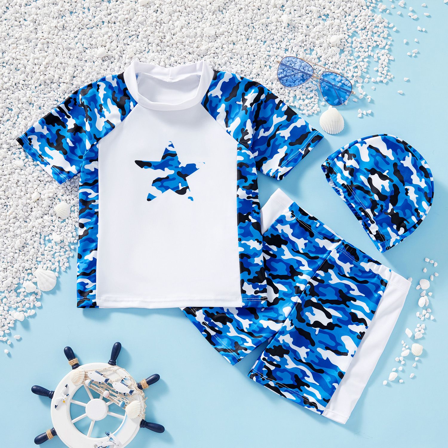 

Kids Boy Star Camouflage Print Tee and Shorts Swimsuit Set