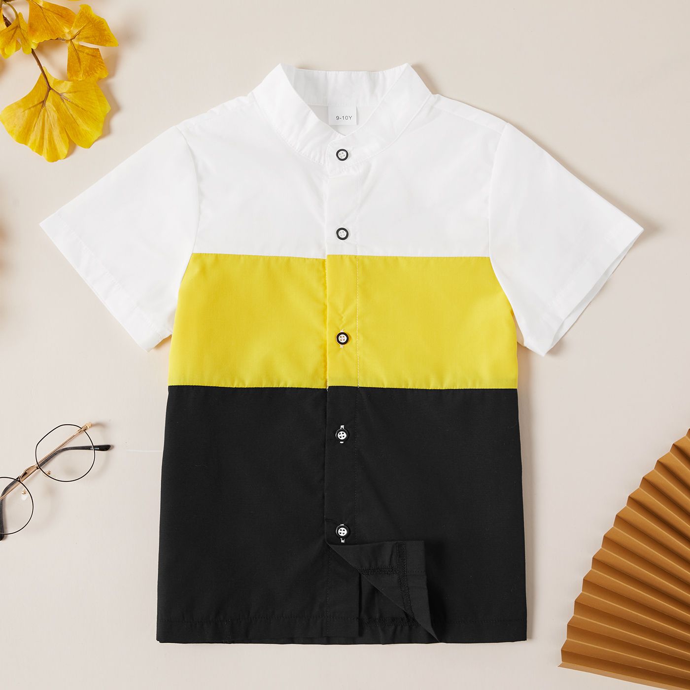 Trendy Kid Boy Short-sleeve Stand Collar Color block Shirt Blouse